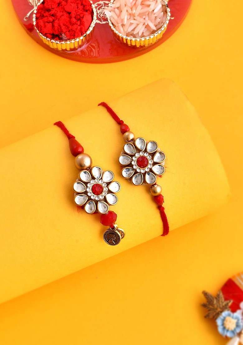 Unisex Set Of 2 Stone Studded Rakhi Gift Set - Indya