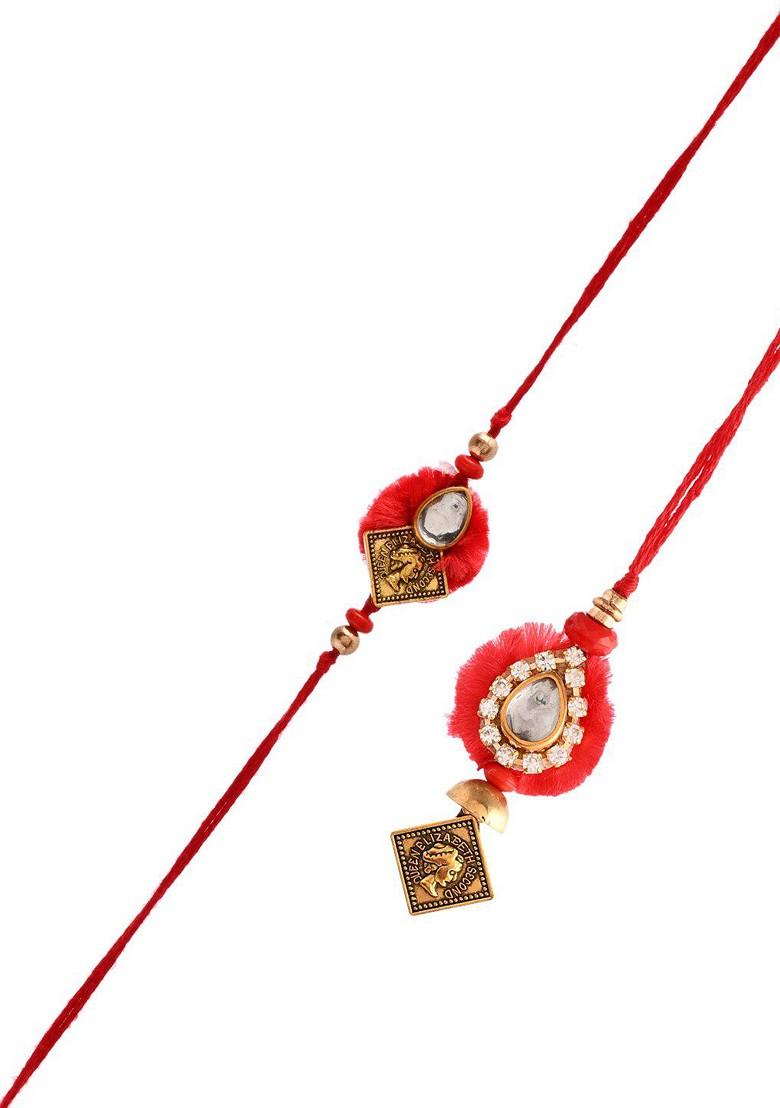 Kundan Embellished Resham Bhaiya Bhabhi Rakhi Gift Set - Indya