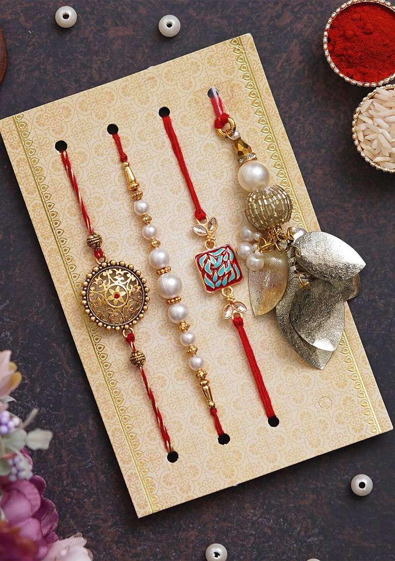 Set Of 4 Floral Pearls Lumba Designer Rakhis With Cadbury Celebrations - Indya