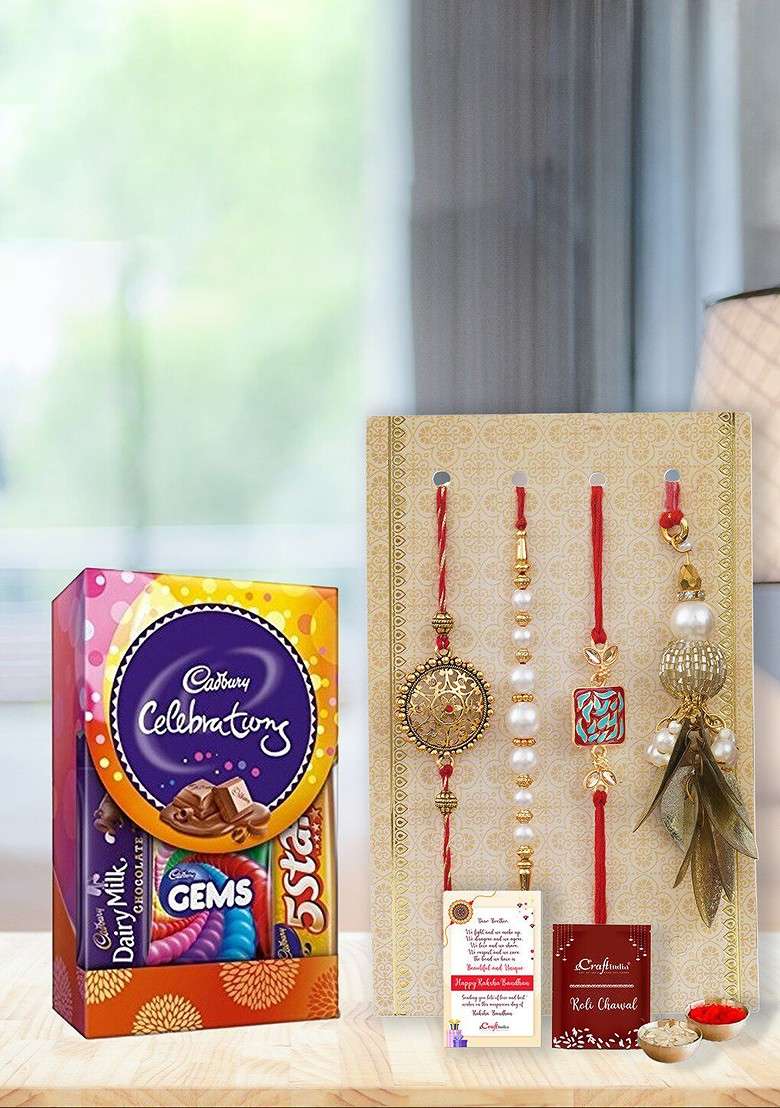 Set Of 4 Floral Pearls Lumba Designer Rakhis With Cadbury Celebrations - Indya