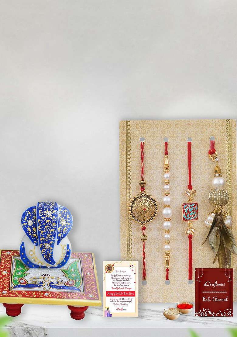 Set Of 4 Designer Rakhi Gift Set - Indya