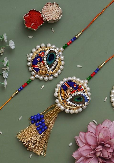 Beautiful Peacock And Pearls Designer Bhaiya Bhabhi Rakhi Set