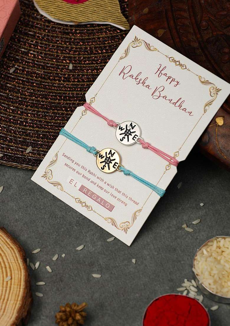 Bhaiya Bhabhi Set Of 2 Thread Rakhi With Roli Chawal Card Gift Set - Indya
