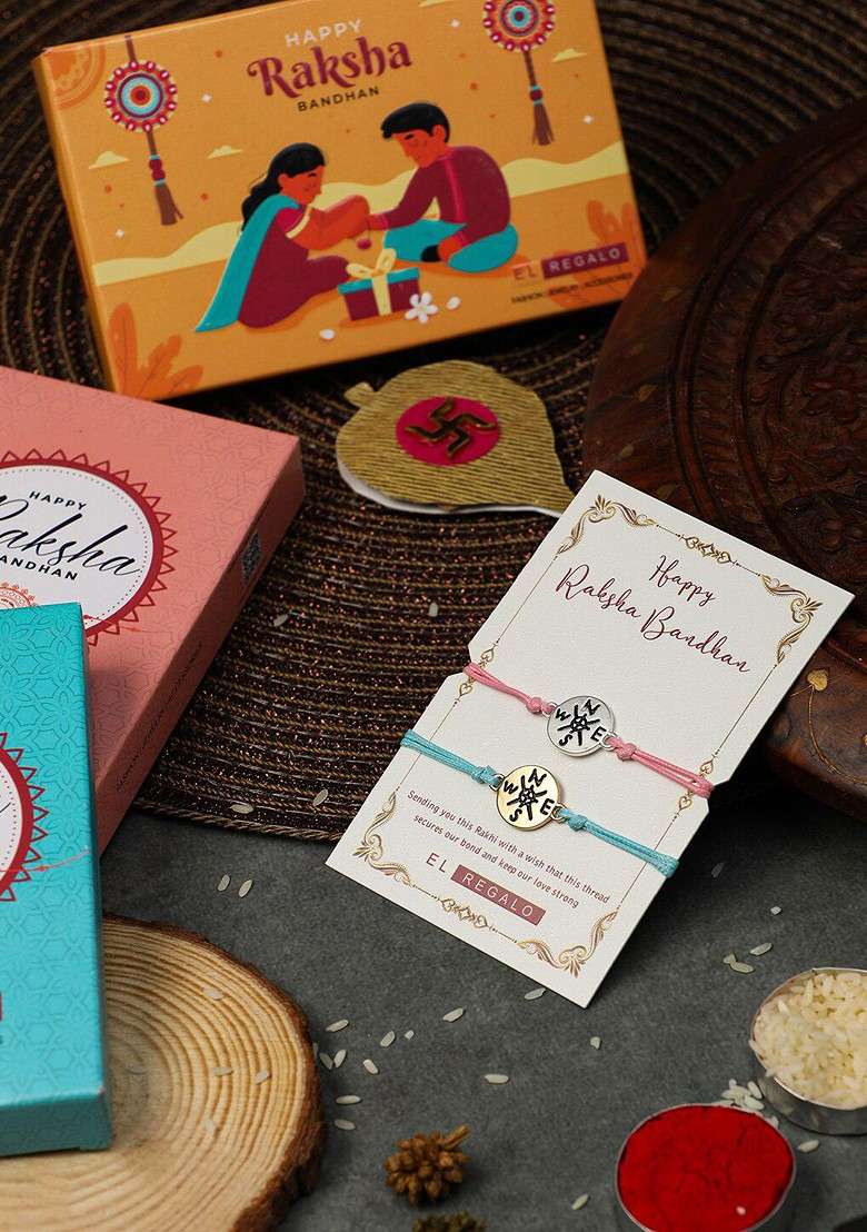 Bhaiya Bhabhi Set Of 2 Thread Rakhi With Roli Chawal Card Gift Set - Indya