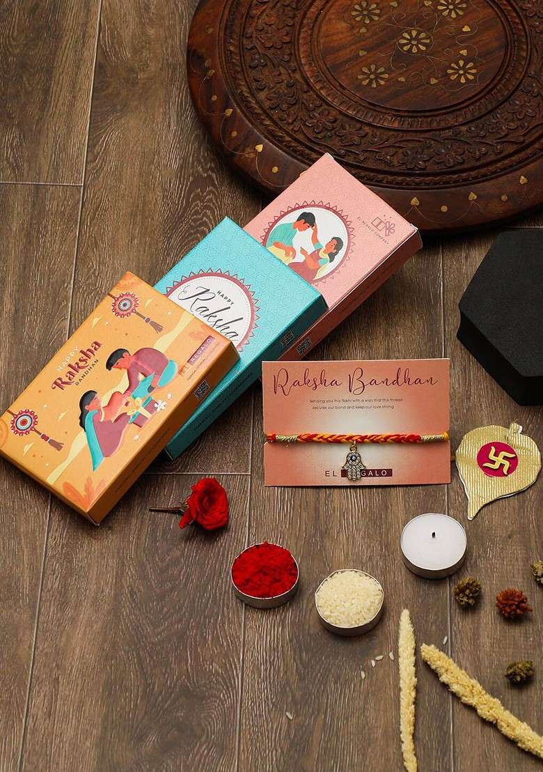 Hamsa Hand Evil Eye Thread Rakhi With Roli Chawl And Card Gift Set - Indya