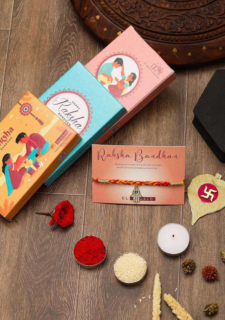 Hamsa Hand Evil Eye Thread Rakhi With Roli Chawl And Card Gift Set - Indya