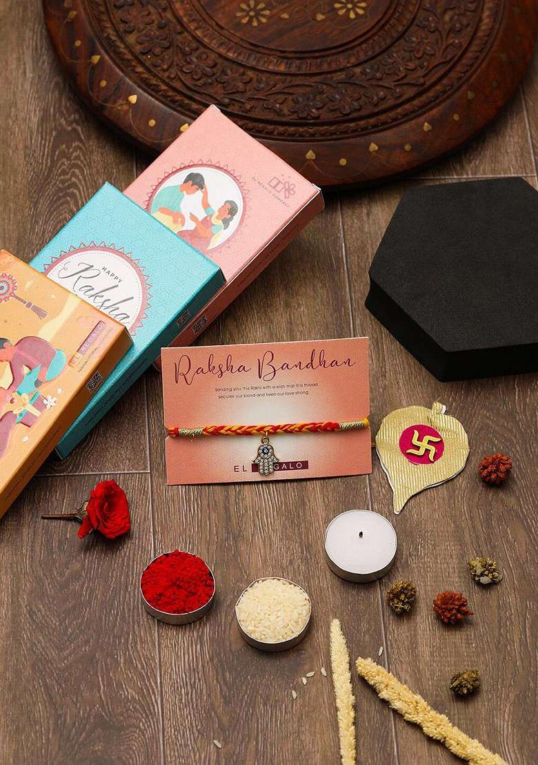 Hamsa Hand Evil Eye Thread Rakhi With Roli Chawl And Card Gift Set - Indya