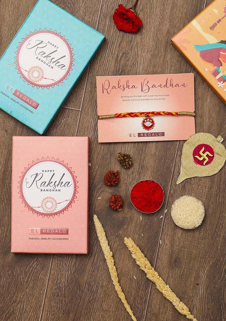 Evil Eye Charm Thread Rakhi With Roli Chawal And Greeting Card - Indya