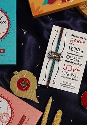 Oxidised Damru Design Rakhi With Roli Chawl And Card Gift Set Box