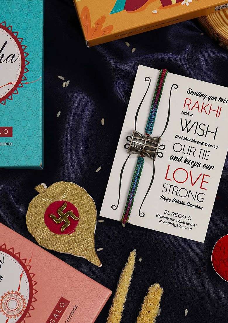 Oxidised Damru Design Rakhi With Roli Chawl And Card Gift Set Box - Indya