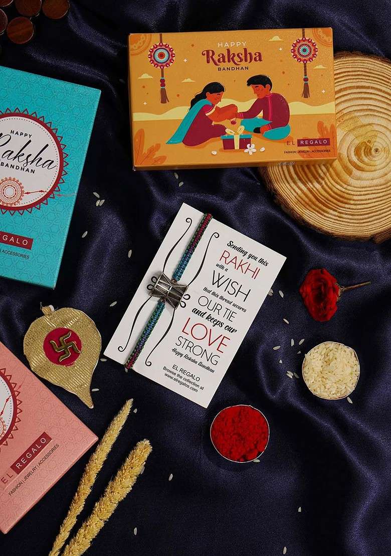 Oxidised Damru Design Rakhi With Roli Chawl And Card Gift Set Box - Indya