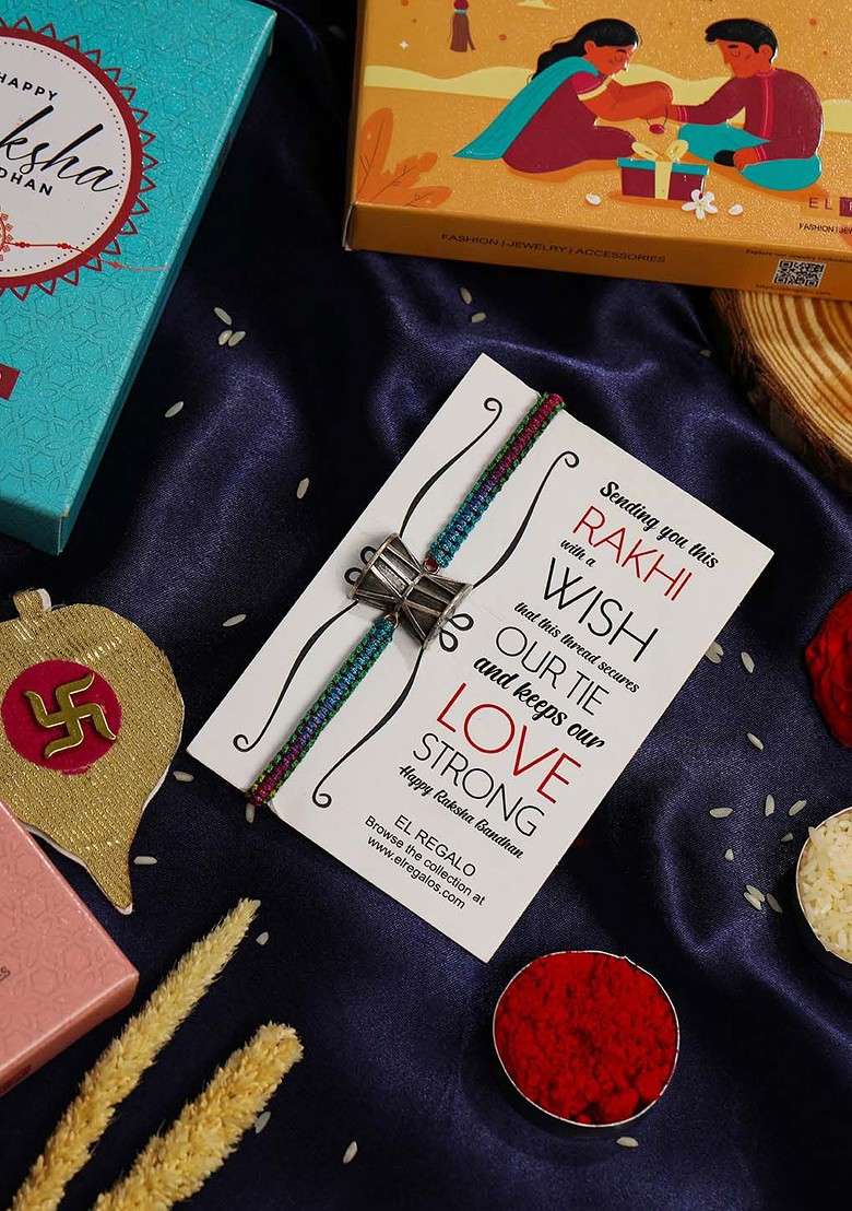 Oxidised Damru Design Rakhi With Roli Chawl And Card Gift Set Box - Indya