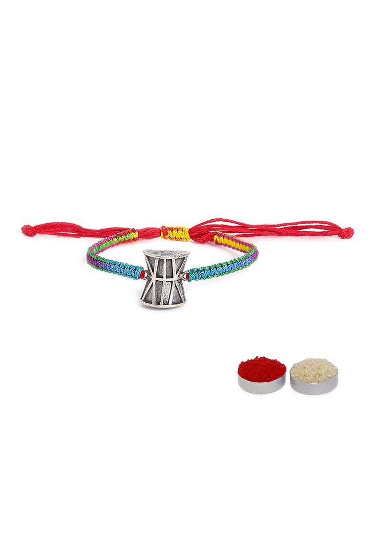 Oxidised Damru Design Rakhi With Roli Chawl And Card Gift Set Box - Indya