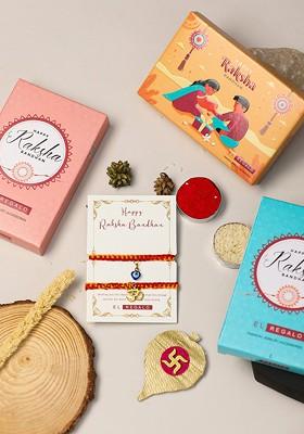 Bhaiya Bhabhi Set Of 2 Om Evil Eye Charm Rakhi With Roli Chawal Card