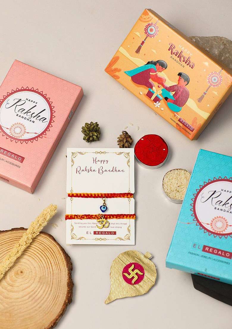 Bhaiya Bhabhi Set Of 2 Om Evil Eye Charm Rakhi With Roli Chawal Card - Indya