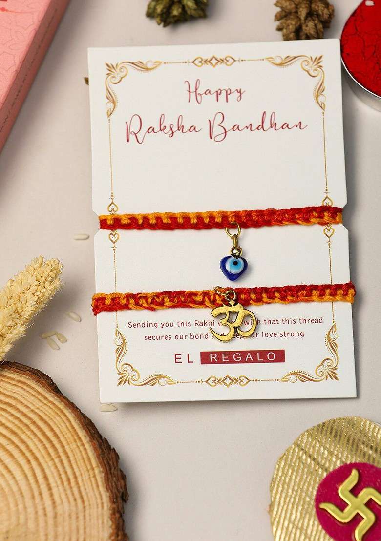 Bhaiya Bhabhi Set Of 2 Om Evil Eye Charm Rakhi With Roli Chawal Card - Indya
