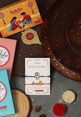 Boys Set Of 2 Tiger And Doraemon Design Thread Rakhi Gift Set Box