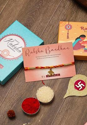 Om Design Thread Rakhi With Roli Chawl And Card Gift Set Box