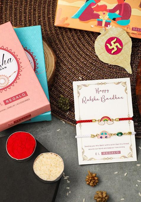 Boys Set Of 2 Car And Rainbow Design Thread Rakhi With Roli Chawl And Card Gift Set
