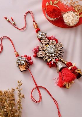 Unisex Set Of 2 Stone Studded Bhaiya Bhabhi Rakhi Gift Set