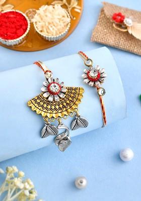 Unisex Set Of 2Cbeaded Leaf And Flower Bhaiya Bhabhi Rakhi Gift Set.