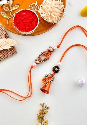 Unisex Set Of 4 Zardosi Work Beaded Bhaiya Bhabhi Rakhi Gift Set