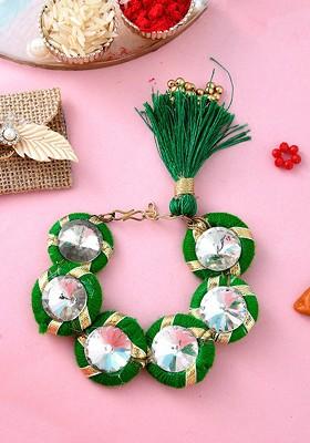 Unisex Set Of 2 Ad Stud Gota Traditional Lumba Rakhi Gift Set