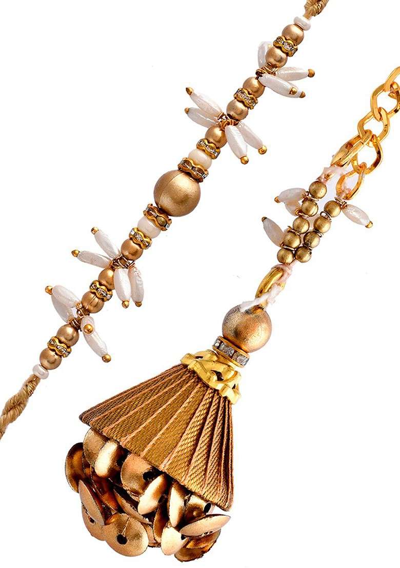 Unisex Set Of 3 Unique Crafted Metallic Bhaiya Bhabhi Rakhi Gift Set - Indya