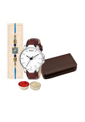 Evil Eye Studded And Beaded Rakhi With 1 Card Holder And 1 Watch Gift Set