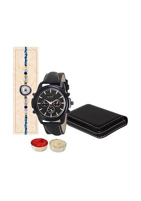 Evil Eye Studded And Beaded Rakhi With 1 Card Holder And 1 Watch