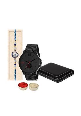 Evil Eye Studded And Beaded Rakhi With 1 Card Holder And 1 Watch
