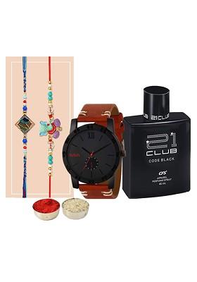 Set Of 2 Rakhi With 1 Watch 1 Perfume And Hamper Gift Box