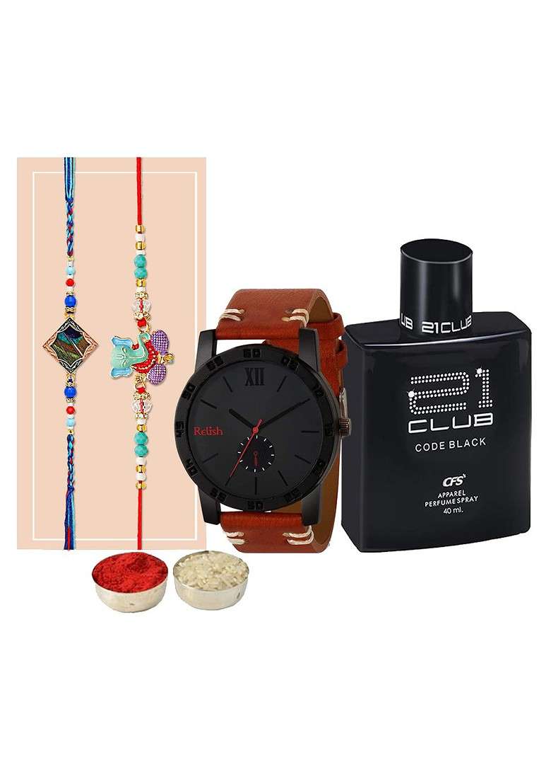 Set Of 2 Rakhi With 1 Watch 1 Perfume And Hamper Gift Box - Indya