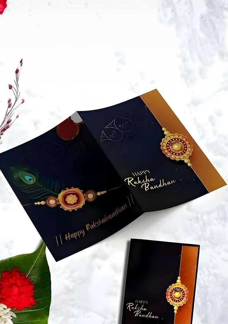 Rakhi Roli Chawal Coin And Greeting Card Rakhi Gift Set - Indya
