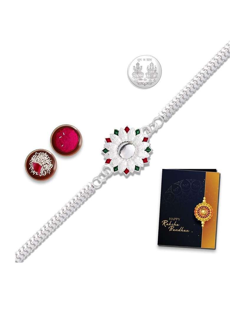 Rakhi Roli Chawal Coin And Greeting Card Rakhi Gift Set - Indya