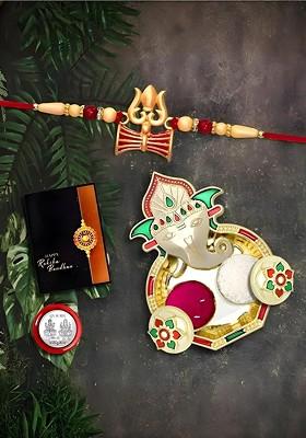 Rakhi Combo For Brother With Dish Pooja Coin Roli Chawal And Greeting Card