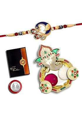 Rakhi Combo For Brother With Dish Pooja Coin Roli Chawal And Greeting Card