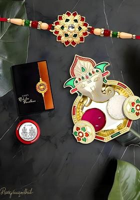 Rakhi Combo Of 5 For Brother With Dish Pooja Coin Roli Chawal And Greeting Card