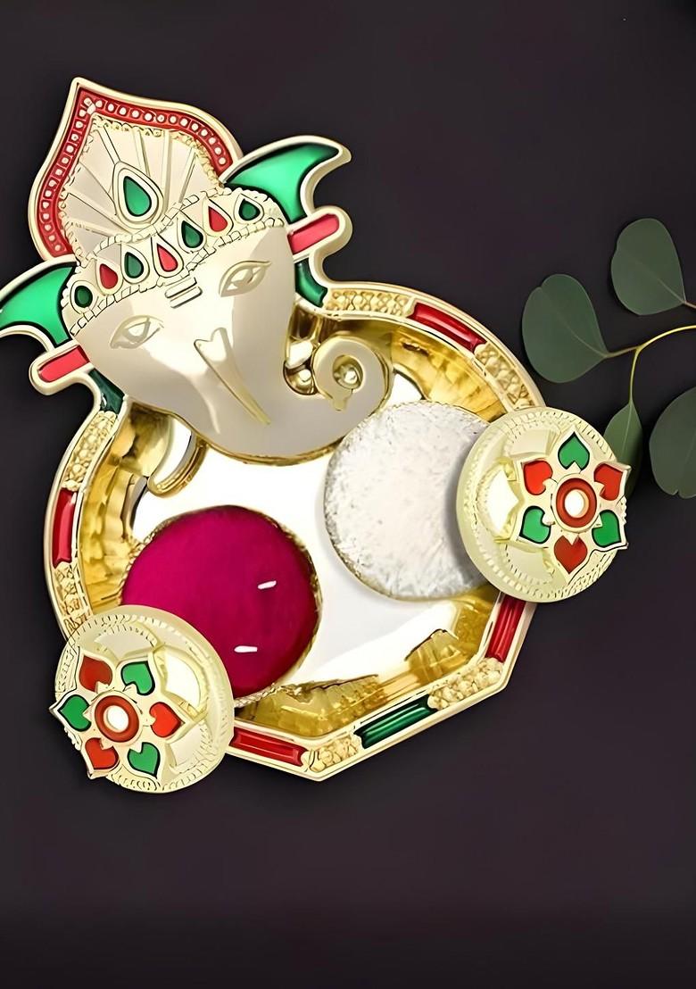 Rakhi Combo For Brother With Dish Roli And Chaval Coin And Greeting Card