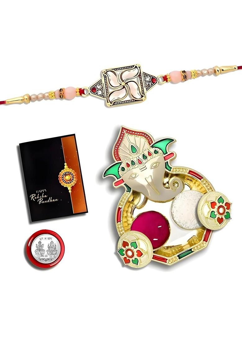 Rakhi Combo For Brother With Dish Roli And Chaval Coin And Greeting Card