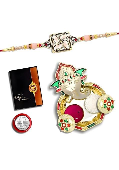 Rakhi Combo For Brother With Dish Roli And Chaval Coin And Greeting Card