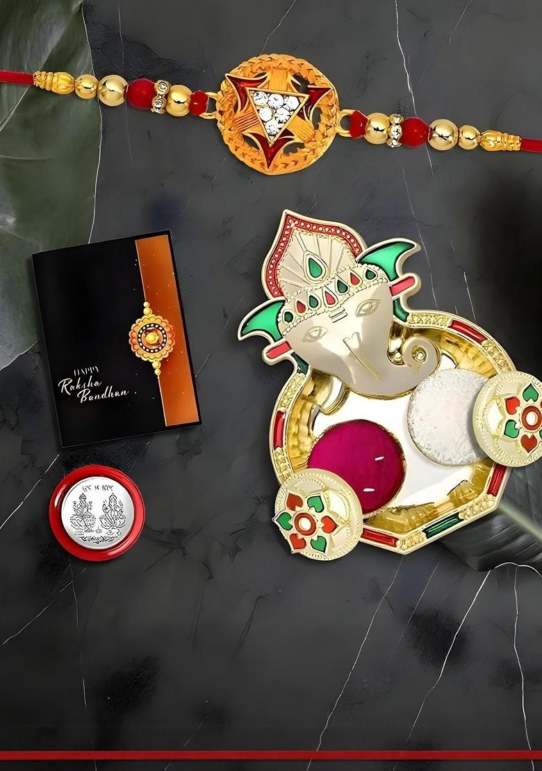 Rakhi Combo For Brother With Dish Roli And Chaval Coin And Greeting Card