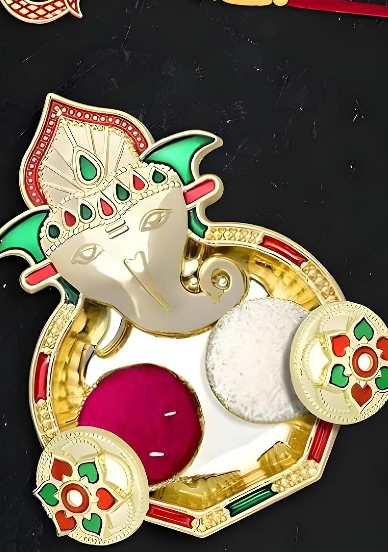 Rakhi Combo For Brother With Dish Roli And Chaval Coin And Greeting Card