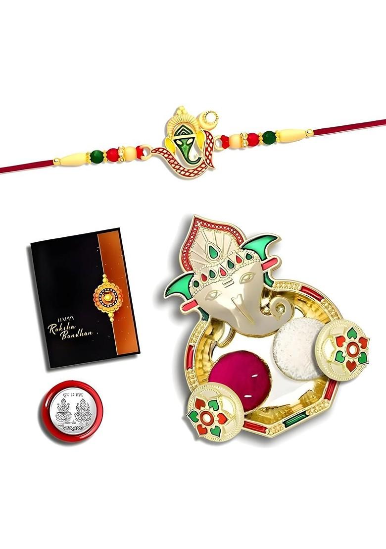Rakhi Combo For Brother With Dish Roli And Chaval Coin And Greeting Card