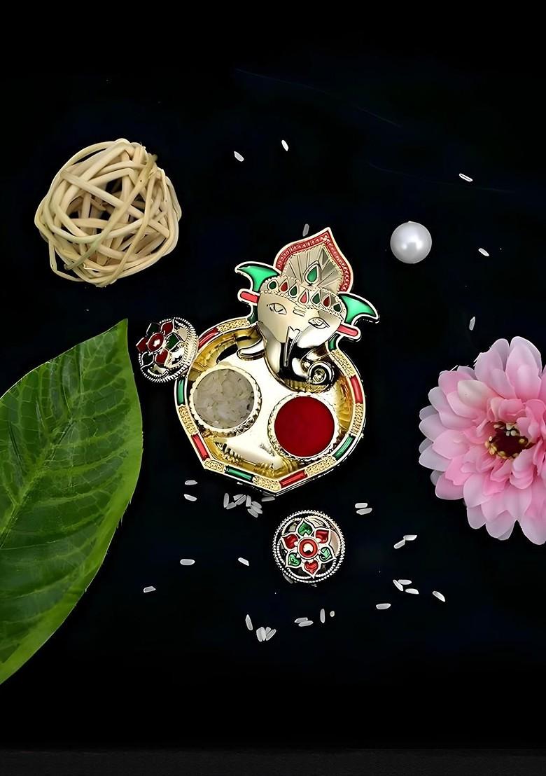 Rakhi Combo For Brother With Dish Roli And Chaval Coin And Greeting Card