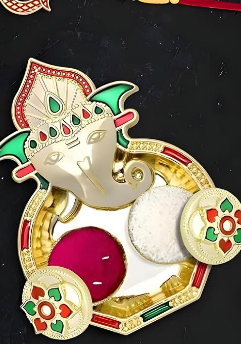 Rakhi Combo For Brother With Dish Roli And Chaval Coin And Greeting Card