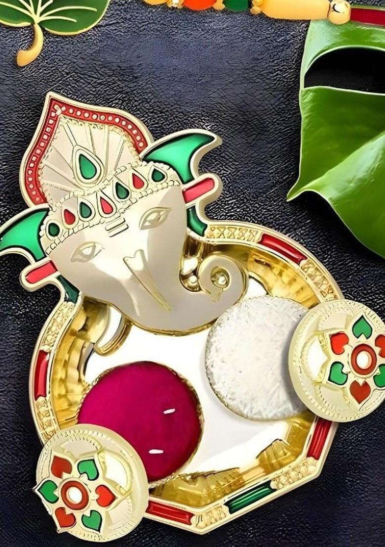 Rakhi Combo For Brother With Dish Roli And Chaval Coin And Greeting Card