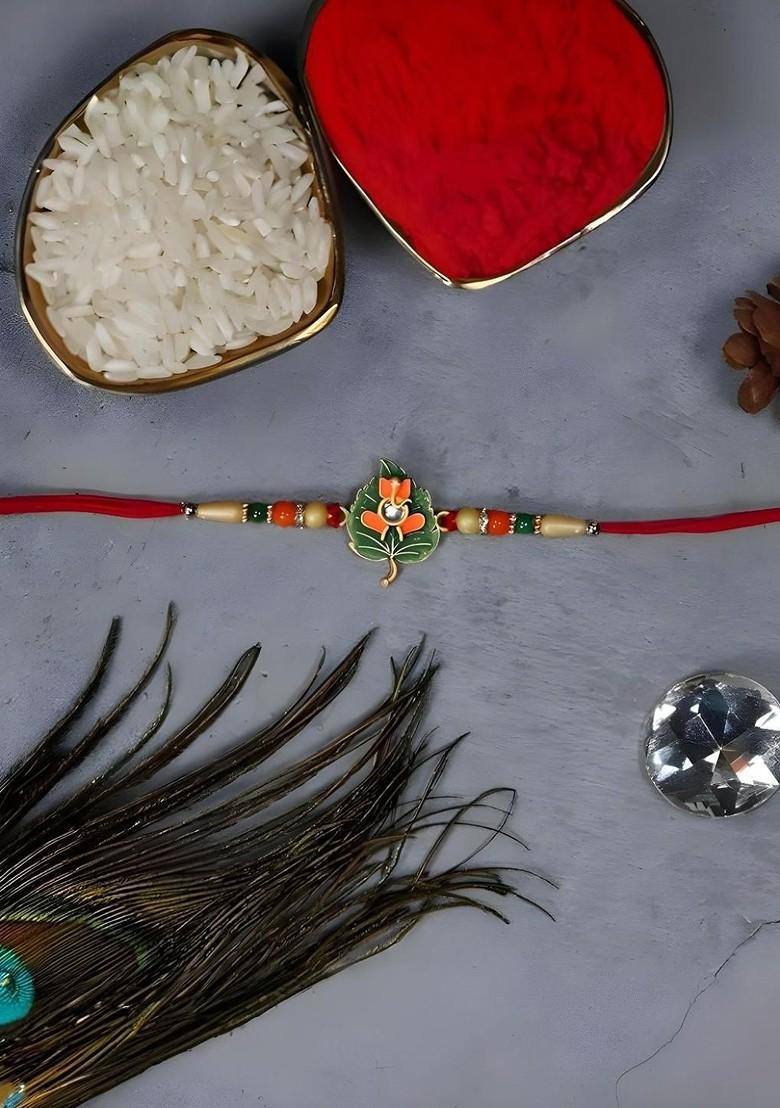 Rakhi Combo For Brother With Dish Roli And Chaval Coin And Greeting Card