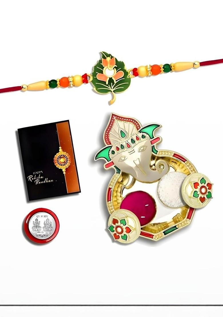Rakhi Combo For Brother With Dish Roli And Chaval Coin And Greeting Card