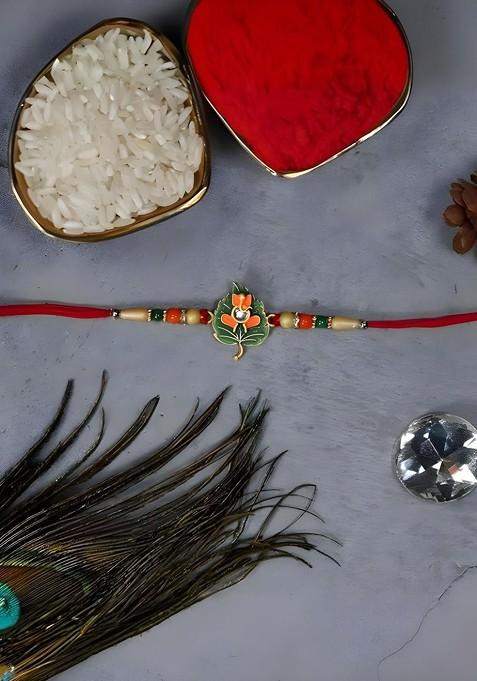 Rakhi Combo For Brother With Dish Roli And Chaval Coin And Greeting Card